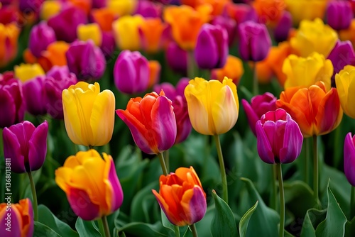 Stunning Multicolored Tulips in Springtime Garden
