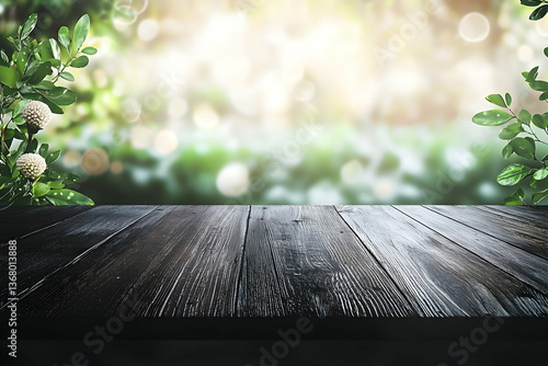 Dark wooden table with blurred bokeh background offers a space for showcasing items in this setting.