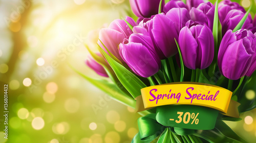 Purple tulip bouquet with Spring Special banner offering 30% discount