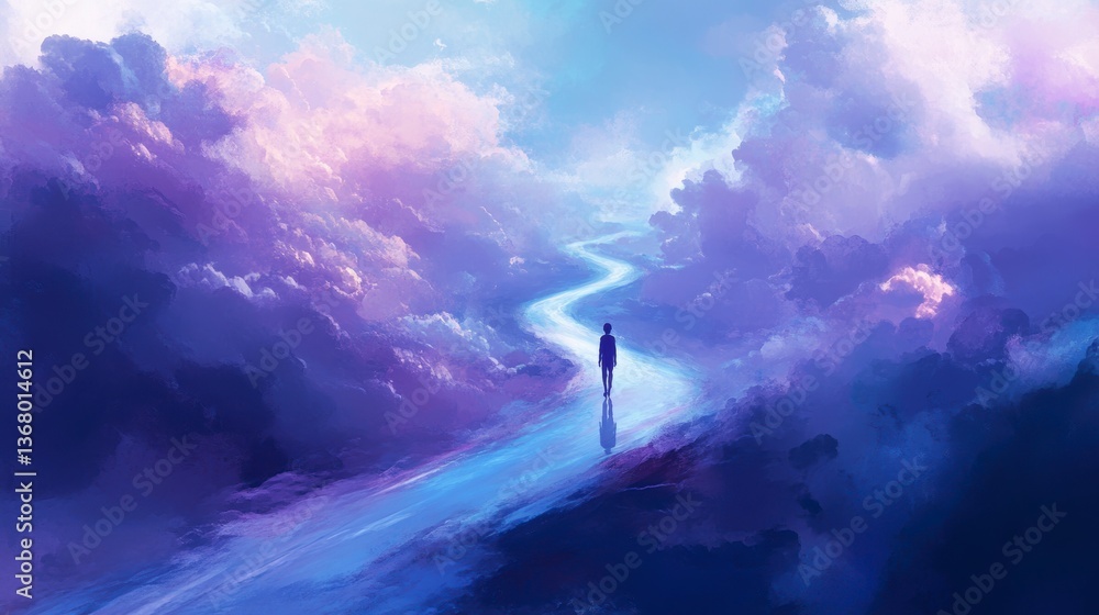 Fototapeta premium A lone figure walks a path winding through vibrant purple and blue clouds towards a bright light.