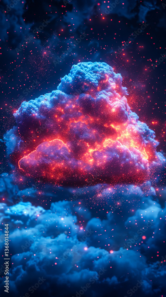 Fototapeta premium Digital Illustration of Conceptual Cloud Storage in Cyberspace with Glowing Particles at Night, Symbolizing IT, Internet, and Cloud Computing Technology