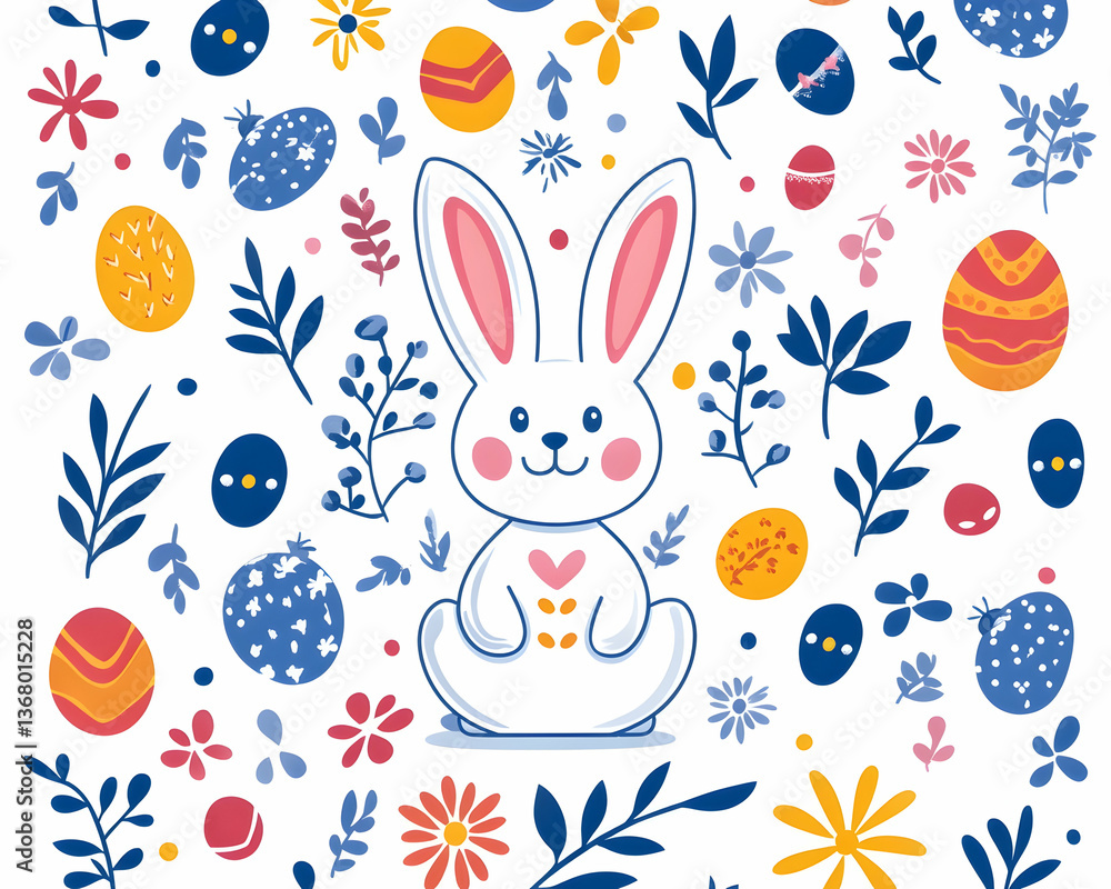Cute bunny surrounded by Easter eggs and flowers Cute bunny surrounded by Easter eggs and flowers