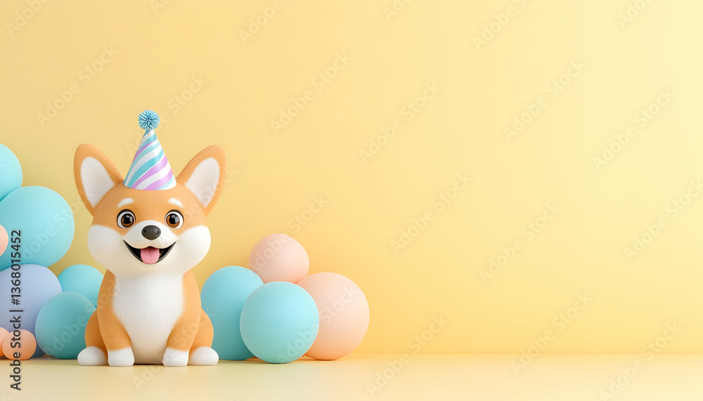 Obraz premium Cute cartoon dog in party hat with pastel balloons