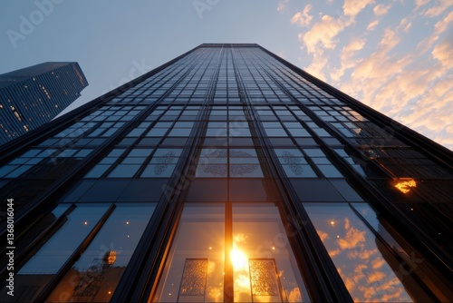 Wallpaper Mural A stunning view of a towering skyscraper reflecting the warm hues of the sunset, merging architectural beauty with natural ambiance in an urban setting. Torontodigital.ca