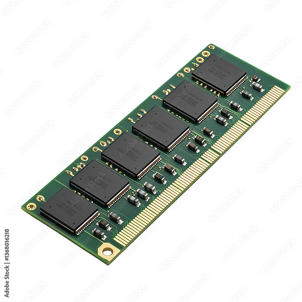 Close-up view of a computer memory module, featuring integrated circuits and a green circuit board, ideal for tech-related projects and articles. Close-up view of a computer memory module, featuring integrated circuits and a green circuit board, ideal for tech-related projects and articles.