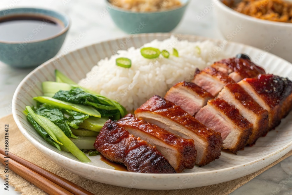 Savoring authentic Cantonese roast meat platter with rice and vegetables Savoring authentic Cantonese roast meat platter with rice and vegetables