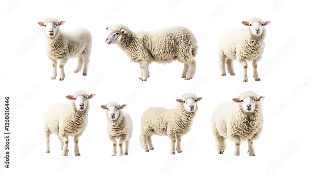 Fototapeta premium Pack Woolly Wonder set in Different Poses Against Transparent Background for Farm Illustrations, Sheep Art, or Cute Animal Designs