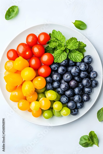 Colorful arrangement of cherry tomatoes, blueberries, and green grapes on a plate with fresh mint