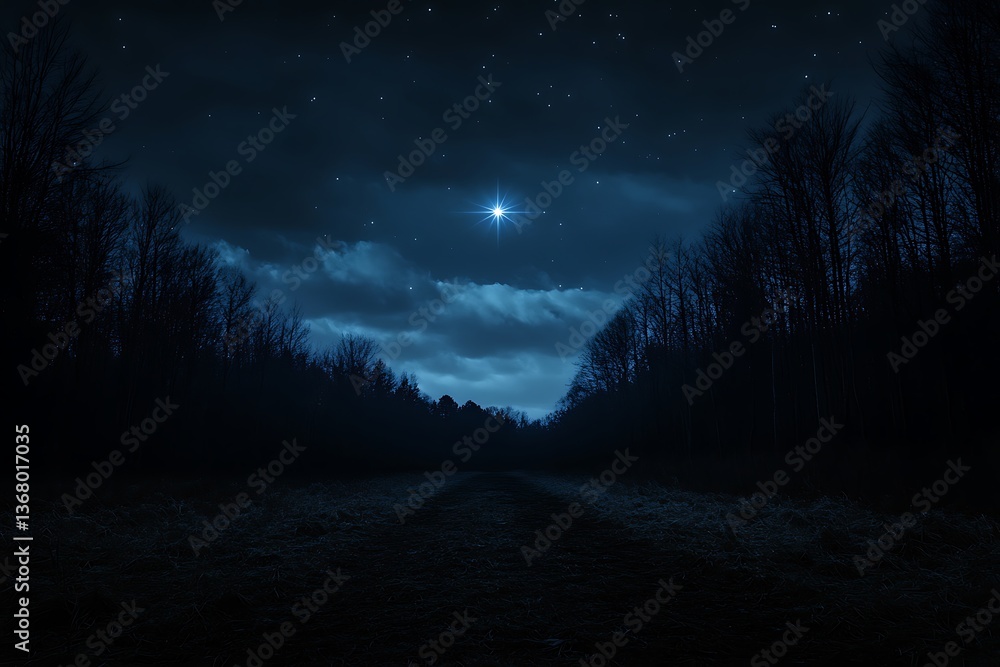 Fototapeta premium A single star shining brightly in a cloudy night sky, guiding the way through a dense, dark forest