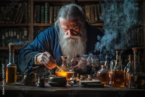 Medieval alchemist preparing potions surrounded by books and flasks