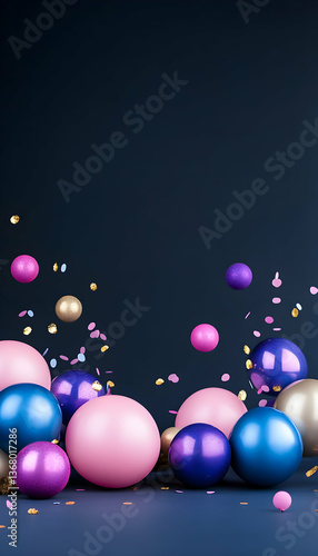 Colorful balloons and confetti on dark background