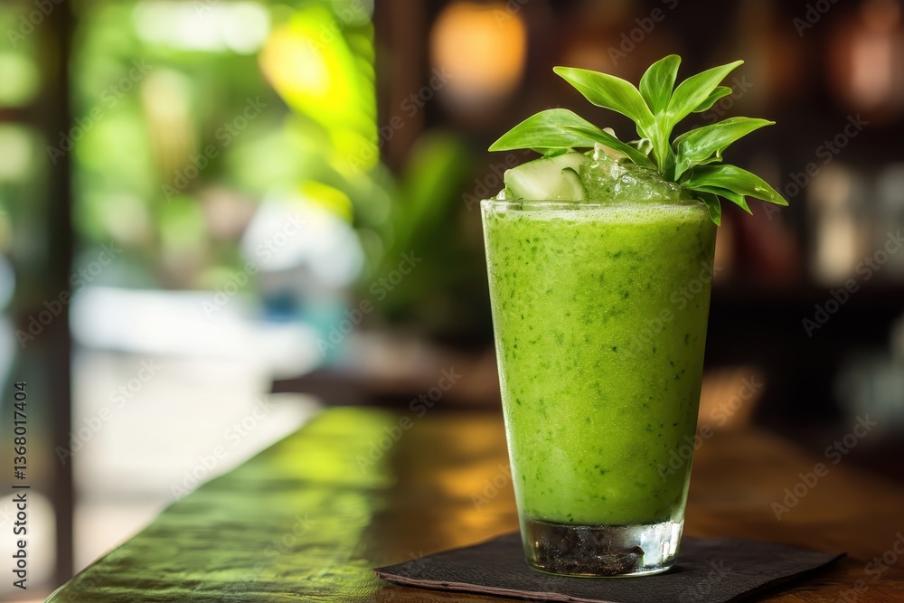 Refreshing green cucumber smoothie enhancing tropical vibes in a restaurant Refreshing green cucumber smoothie enhancing tropical vibes in a restaurant