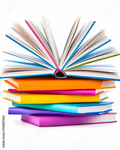 Colorful books stacked with one open, displaying pages