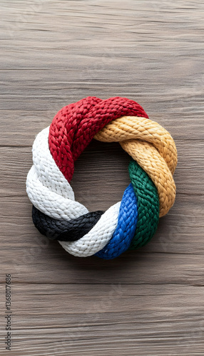 Colorful braided rope circle on wood
