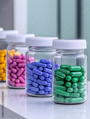 Colorful capsules in clear jars on a white surface