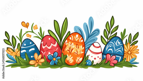 Colorful decorated Easter eggs nestled in spring flowers and grass