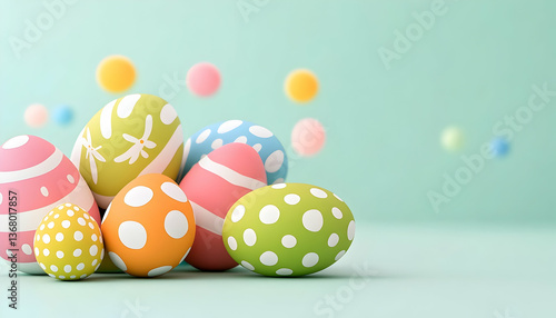 Colorful decorated Easter eggs on pastel background