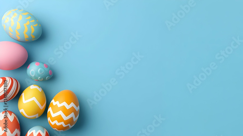 Colorful decorated eggs on light blue background