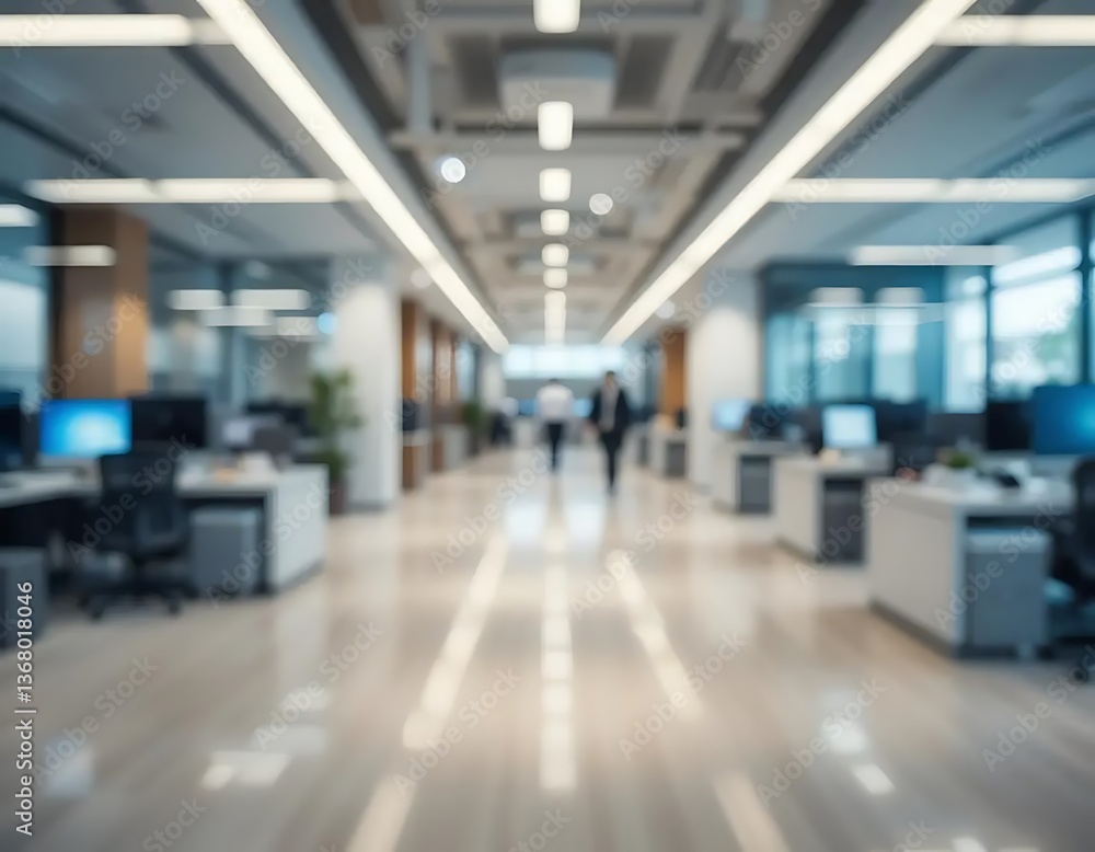 Blurred Office Interior with Desks and People Walking in the Background Blurred Office Interior with Desks and People Walking in the Background