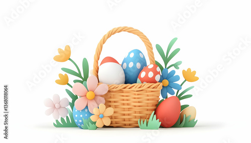 Colorful Easter eggs in a wicker basket surrounded by spring flowers and grass