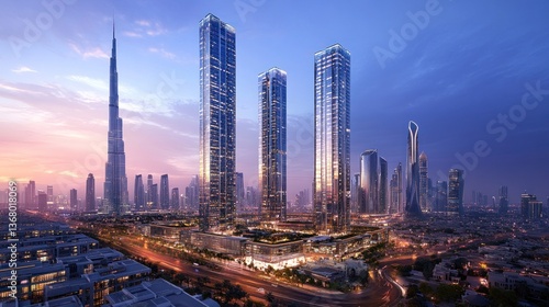 Dubai skyline with modern skyscrapers at twilight.  