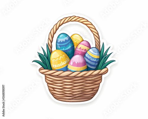 Colorful Easter eggs in a wicker basket with green grass (1)