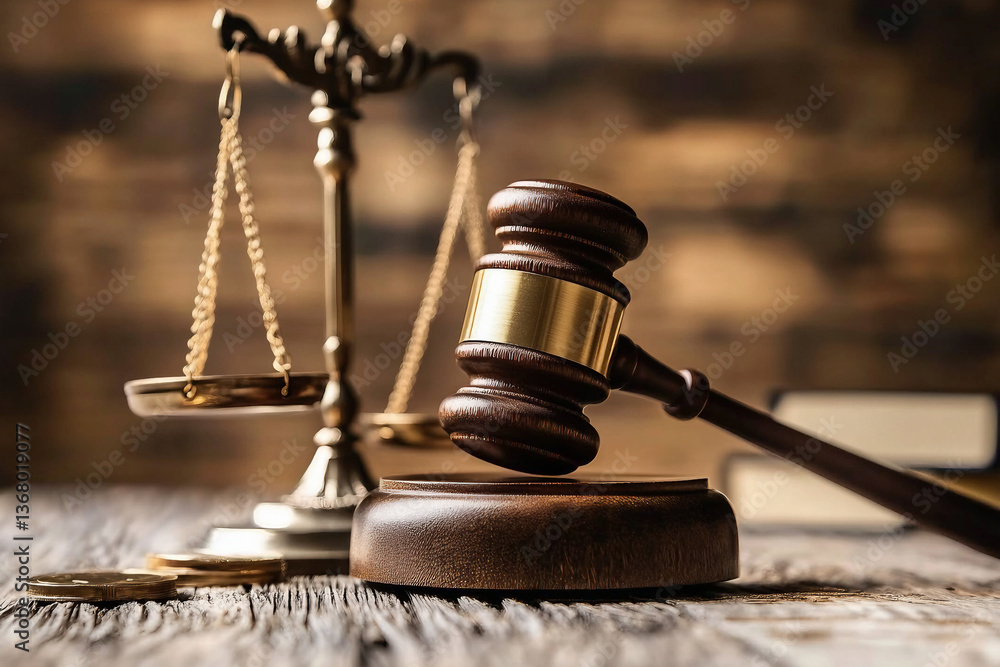A classic symbol of law and justice: a gavel and the scales of justice on a wooden table. Evokes themes of legal proceedings, courtroom drama, and jurisprudence. A classic symbol of law and justice: a gavel and the scales of justice on a wooden table. Evokes themes of legal proceedings, courtroom drama, and jurisprudence.