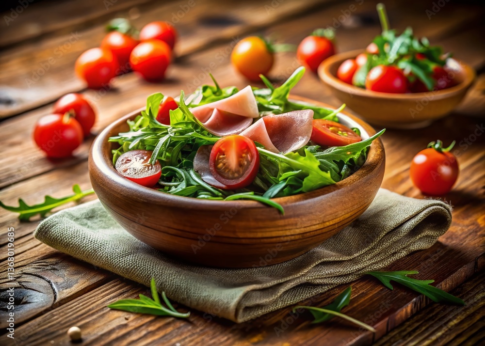 Rustic Wooden Table with Ceramic Bowl of Arugula, Tomato, and Ham Salad - Stock Photo Rustic Wooden Table with Ceramic Bowl of Arugula, Tomato, and Ham Salad - Stock Photo