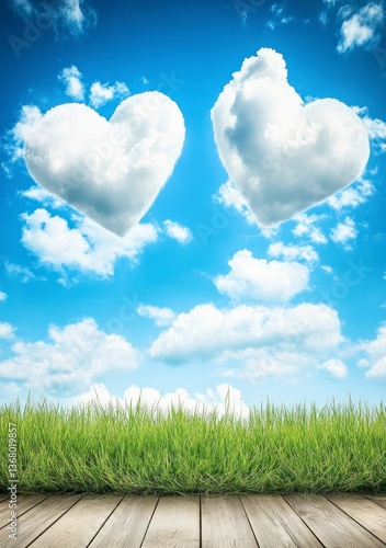 Heart Shaped Clouds Float Above Green Grass with Wooden Floor