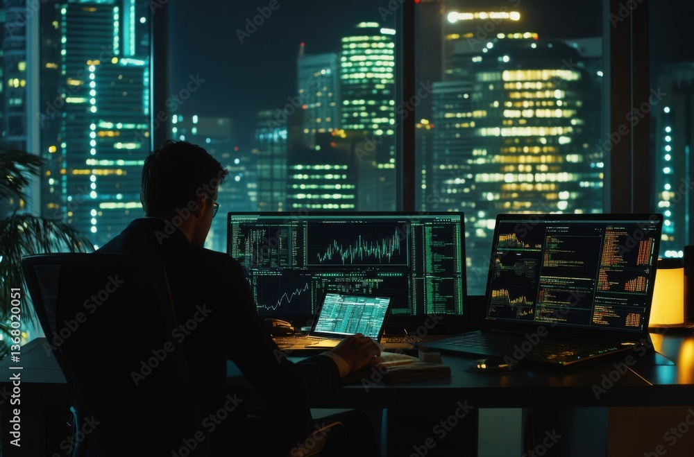 Investor working on a laptop in a modern office, Investor working on a laptop in a modern office,