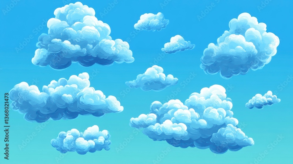 Fluffy white cumulus clouds scattered across a vibrant blue sky. Fluffy white cumulus clouds scattered across a vibrant blue sky.