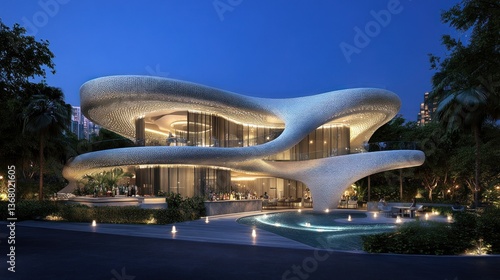 Futuristic clubhouse nestled in lush tropical landscape, illuminated at night