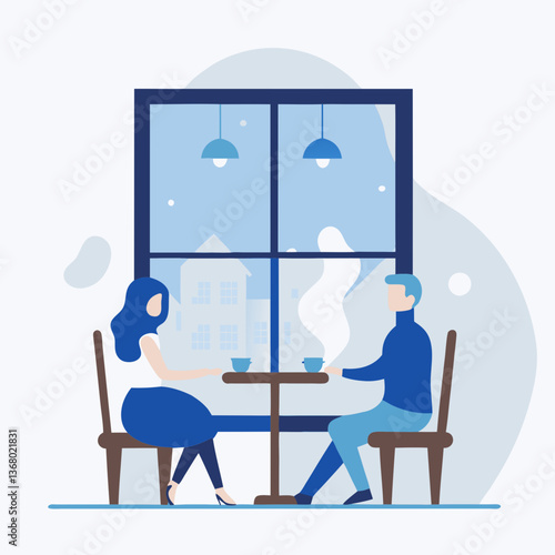 A couple sitting at a table in a cafe, holding cups and enjoying each other's company. Concept of warmth and intimacy, as the couple shares a moment of connection over a hot beverage