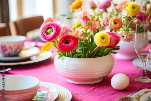 Wallpaper Mural Colorful spring table setting with vibrant flowers and elegant dinnerware at a festive gathering Torontodigital.ca
