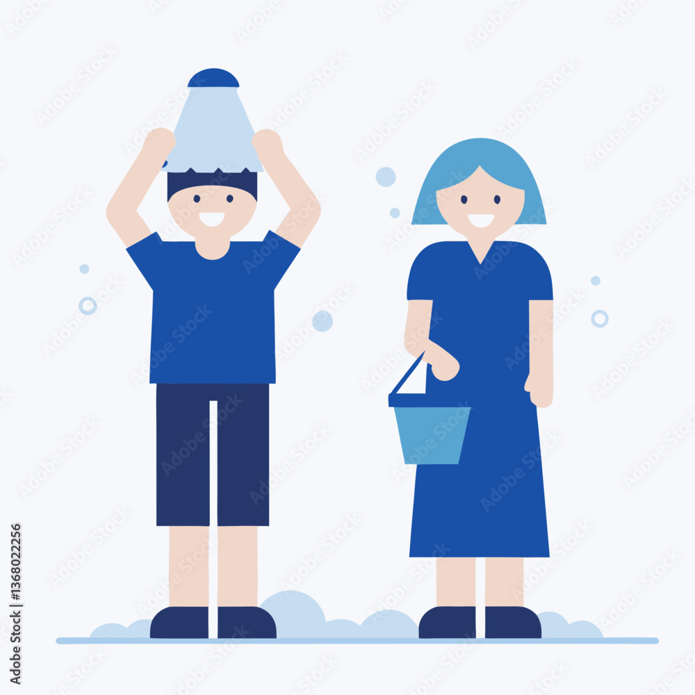 Two people are standing next to each other, one of them holding a bucket. The girl is smiling and the boy is holding a glass jar. The scene seems to be about cleaning or organizing Two people are standing next to each other, one of them holding a bucket. The girl is smiling and the boy is holding a glass jar. The scene seems to be about cleaning or organizing