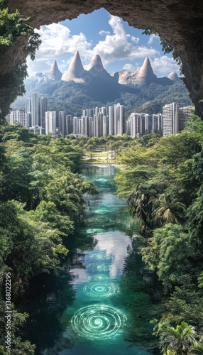 Serene river flows through lush jungle, towards futuristic city nestled amongst dramatic peaks