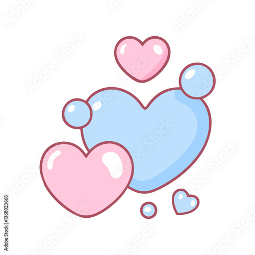 A cartoon drawing of four hearts, two pink and two blue, with a white background. The hearts are arranged in a way that they appear to be hugging each other. Scene is one of love and affection