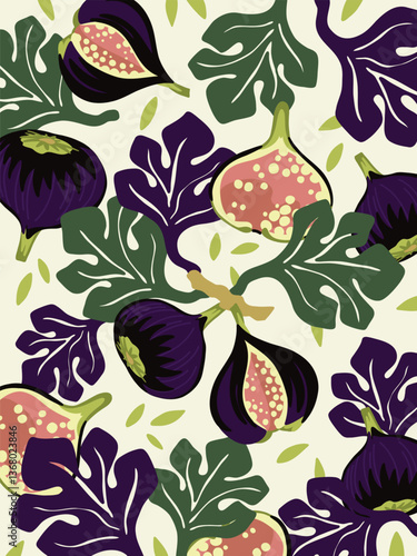 Seamless vector pattern with whole and sliced figs, fig leaves and abstract elements in a modern flat style. Ideal for textile, kitchen decor and packaging.