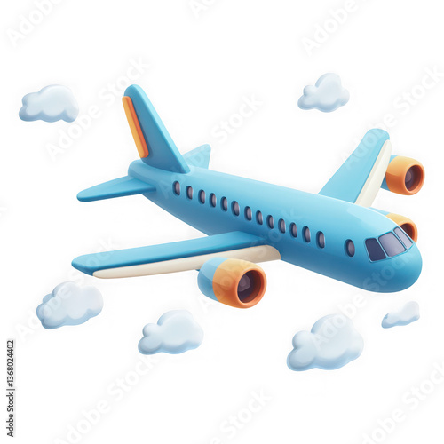 A vector illustration of a flying airplane with white clouds on a transparent background