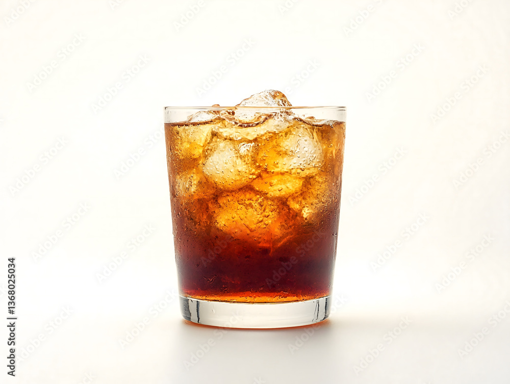 A refreshing glass of iced cola sits on a white background, inviting you to take a sip. A refreshing glass of iced cola sits on a white background, inviting you to take a sip.