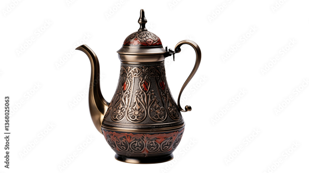 Ornate metal teapot with red accents on a black background Ornate metal teapot with red accents on a black background