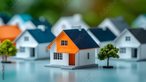 Wallpaper Mural A group of miniature white model homes for the real estate industry with a single orange house standing out as the new emphasized residence among the rows of identical structures Torontodigital.ca