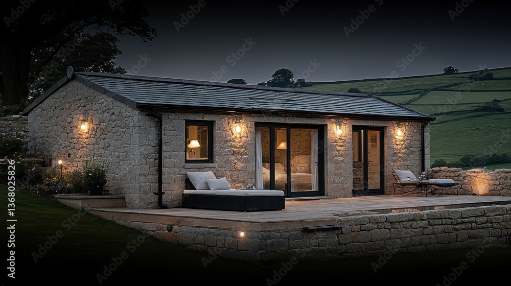 Fototapeta premium Stone cottage at dusk, patio, hillside view