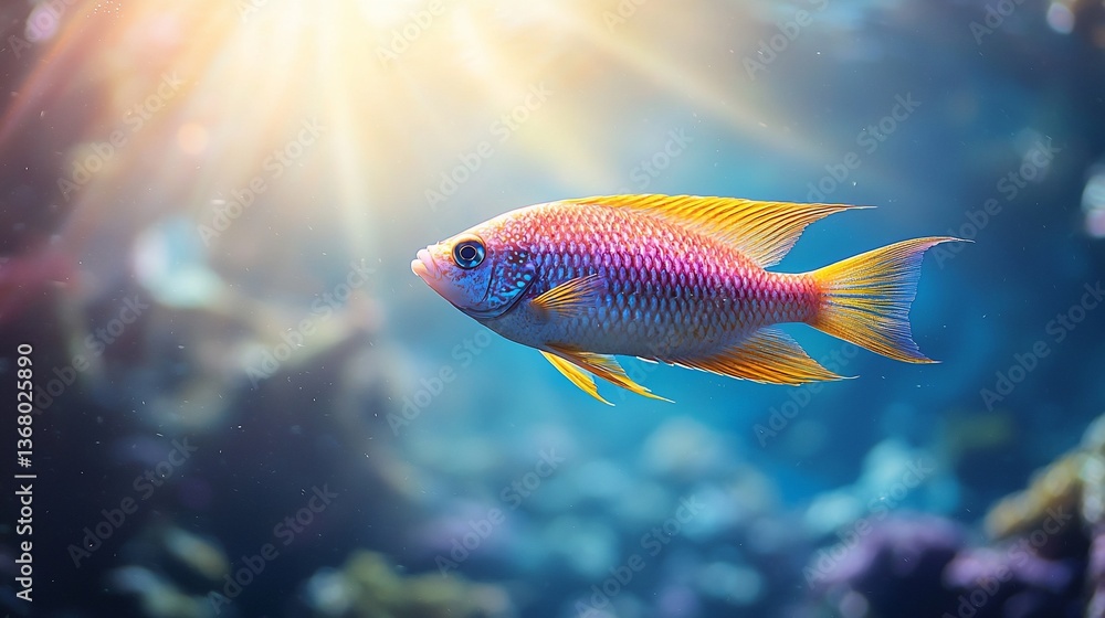 Fototapeta premium Vibrant fish swims in sunlit coral reef aquarium