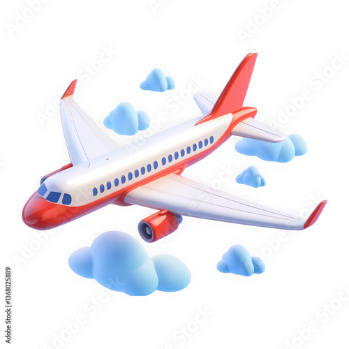 A vector illustration of a flying airplane with white clouds on a transparent background