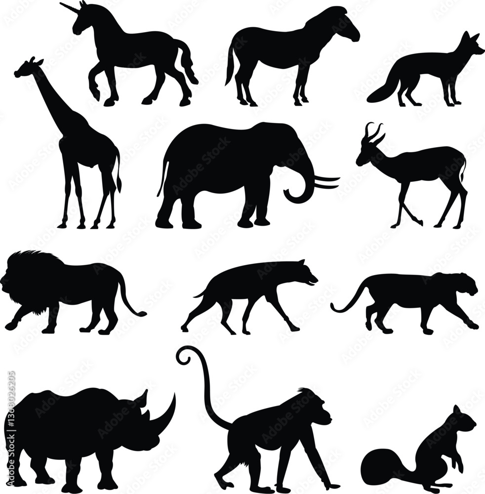 Fototapeta premium Silhouette Animal Vector Collection Horse, Elephant, Cat, Bear, Wolf, Lion, Deer, Tiger, Giraffe, and Farm Animals
