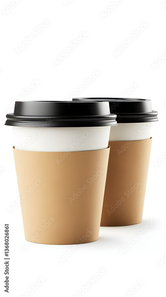 Two Eco-Friendly Coffee Cups with Cardboard Sleeves and Black Lids Side-by-Side on White Background with Ample Copy Space for Your Needs Two Eco-Friendly Coffee Cups with Cardboard Sleeves and Black Lids Side-by-Side on White Background with Ample Copy Space for Your Needs
