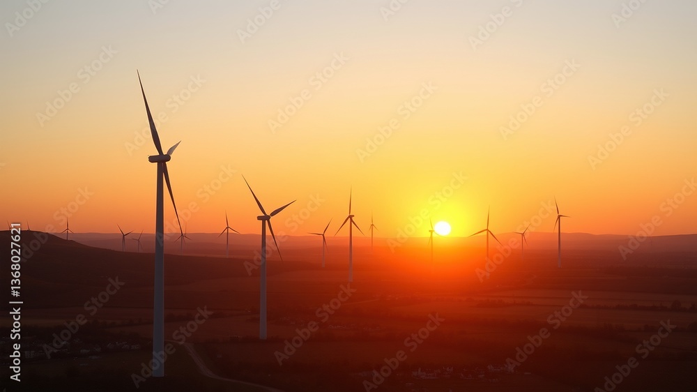 Obraz premium Golden Sunset Over Wind Farm and Village