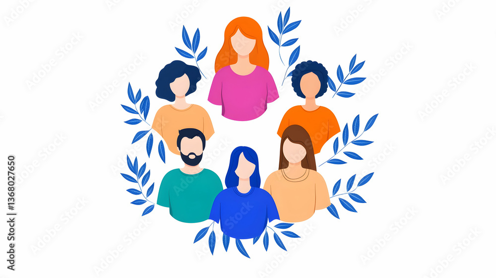 Naklejka premium Diverse group of people united in a circle, surrounded by leaves