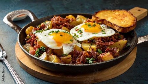 Crispy, golden-brown corned beef hash sizzles with tender potatoes and savory spices. Topped with sunny-side-up eggs and fresh herbs, it's a hearty, flavorful breakfast with buttery toast on the side.